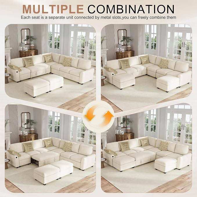 Hanherry 106" Sectional Sofa with Pull Out Couch Bed,7 Seat Corduroy Sleeper Sofa with 2 Seat Storage & USB Charging,Storage Ottoman,Comfy Modular Couches for Living Room,Apartment