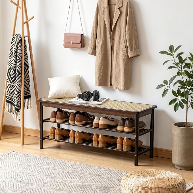 SOBIBO Bamboo Shoe Rack Bench with Rattan Seat, 3-Tier Shoe Storage Bench, Entryway Bench for Hallway,Walnut 39.4 inches