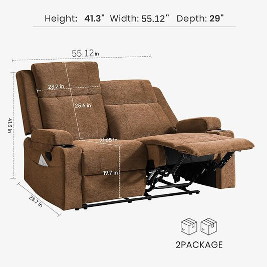 GUEAPY 55" Loveseat Reclining Sofa with Cup Holders – Manual Double Reclining Sofa for Aprtment & Small Spaces, Chenille Fabric Reclinig Couch with Wide Armrests & Side Storage for Livingroom Brown