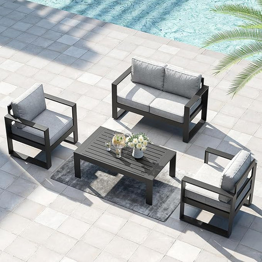 LayinSun Outdoor Patio Aluminum Loveseat, Metal Modern 2-Seat Sofa with Washable Thick Cushions