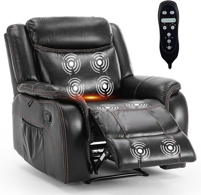 Massage Recliner Chair with Heat, Faux Leather Recliner Chairs for Adults, 39" Wide Manual Reclining Ergonomic Lounge Chair, Overstuffed Wall Hugger Recliners for Living Room, Black