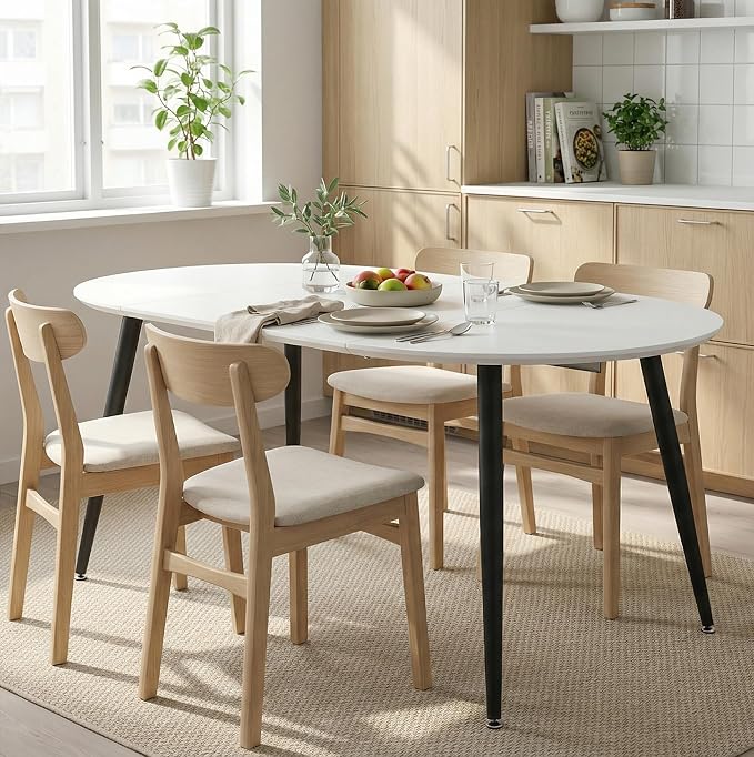 Extendable Round Dining Table for 4 6, Solid Wood for Dining Room Kitchen Office, 43"- 74" Modern Oval Kitchen Table, Removable Leaves Space Saving Expandable Dinner Table White