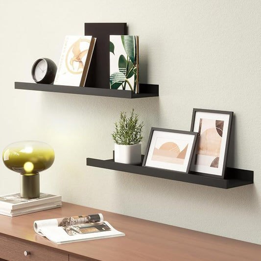 Boswillon Long Floating Shelves, 2 Set Modern Black Wall Shelf for Bedroom, Nursery Book Shelf with Lip, Picture Ledge Shelf for Living Room Bathroom Kitchen - Black,23.6 In