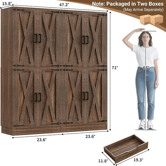 Unikito 71" Tall Kitchen Pantry Cabinet with Farmhouse Barn Doors and Storage Drawer, 8 Adjustable Shelves, Freestanding Cupboard for Dining Room, Living Room, Utility Room, Weathered Brown 2 Pack