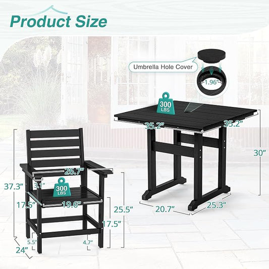 5 Piece Patio Dining Set, 35" Square HDPE Weather Resistant Outdoor Table & 4 Patio Chairs Set with 1.96" Umbrella Hole, Heavy Duty for Small Space Backyard Balcony, Black