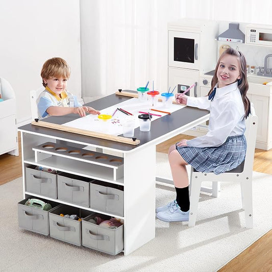 4-in-1 Kids Art Table and Chair Set, Wood Toddler Activity Desk with Large Storage Cabinet, Versatile for Drawing, Painting, Writing, Craft, Reading, and Play – Ideal for Children Ages 2-12