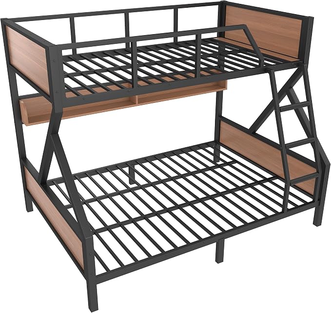 Bellemave Bunk Bed Full XL Over Queen with LED, Heavy Duty Metal Bunk BedFrame with Storage Shelves and Lights, Woodgrain+Black