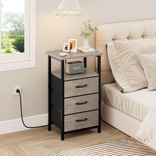 Vagusicc Nightstand with Charging Station, Bedside Table with USB Ports and Outlet, End Table Side Table with 3 Fabric Drawers and Storage Shelf, Bed Side Table Night Stand for Bedroom, Greige