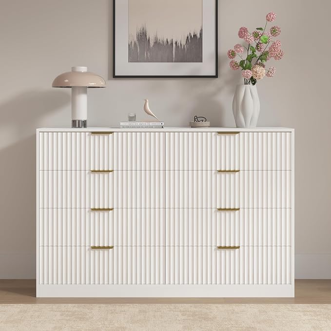 White 8 Drawer Dresser for Bedroom, 55" Wide Fluted Chest of Drawers with Gold Metal Handles, Modern Wooden Dresser, Closet Storage Organizer Mid Century TV Stand for Living Room Hallway