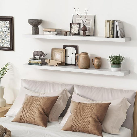 fuqing White Floating Shelves 48 Inch Set of 2, Solid Wood Wall Mounted Shelves 48 Inches Long, Modern Floating Shelves for Bedroom Living Room Bathroom - White