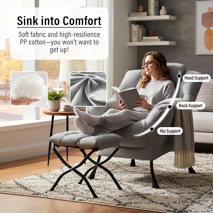 Furlide Lazy Chair with Ottoman, Modern Accent Chairs with Folding Footrest, Light Grey Sofa Chair Set, Comfortable Reading Chairs, Oversized Armchairs for Bedroom, Study, Living Room, Courtyard