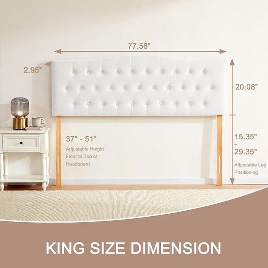 Tufted Headboard King Size, Solid Wood Adjustable Height Head Board, White | Upholstered King Headboard Only with Durable Solid Wood Legs, Adjustable Height 37-51 in, Fabric Button Diamond HeadBoards