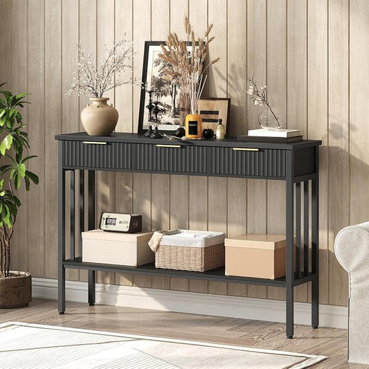 MAHANCRIS Console Table with 3 Drawers, Narrow Long Entry Table with Storage Shelf, 2-Tier Fluted Entryway Table, for Entryway, Living Room, Foyer, Hallway, Office, Black and Gold CTHB5201