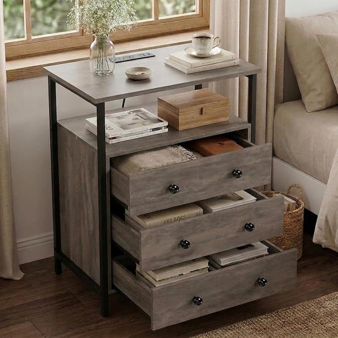 Edbuosy 3 Wooden Drawers Night Stand, 27 Inch Wide Nightstand Set 2 with Charging Station and Adjustable Drawers, Small Dresser for Closet, Bedside Table for Living Room/Bedroom/Office, Rustic Gray