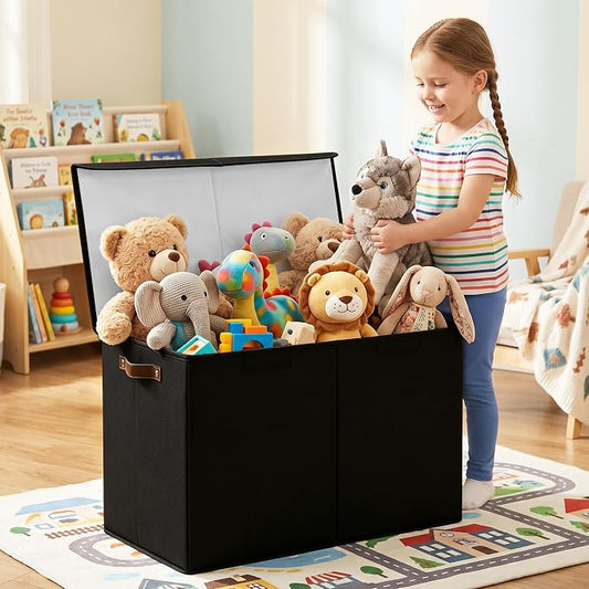 Bagnizer Large Toy Storage Box with Lids, Collapsible Sturdy Baby Storage Organizer Chest Bin Basket for Kids, Boys, Girls, Playroom, Nursery, Bedroom, Closet 25"x13"x16" (Black)