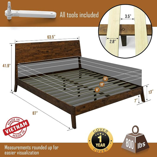 Acacia Serenity Queen Bed Frame with Headboard Natural Wood Bed, Scandinavian Signature High Headboard Compatible with All Mattress Types, 30 Mins Assembly Wood Slats Support Bedroom Furniture, Walnut