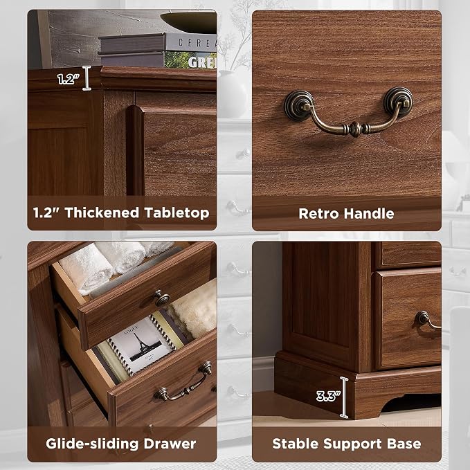 T4TREAM Farmhouse Dressers & Night Stand Set of 4, 54" Wide 7 Drawer Dresser & 48" Tall 6 Drawers Chests, 18" Wide 2 Drawers Side Table Set of 2, Furniture Dresser Sets for Home, Light Walnut