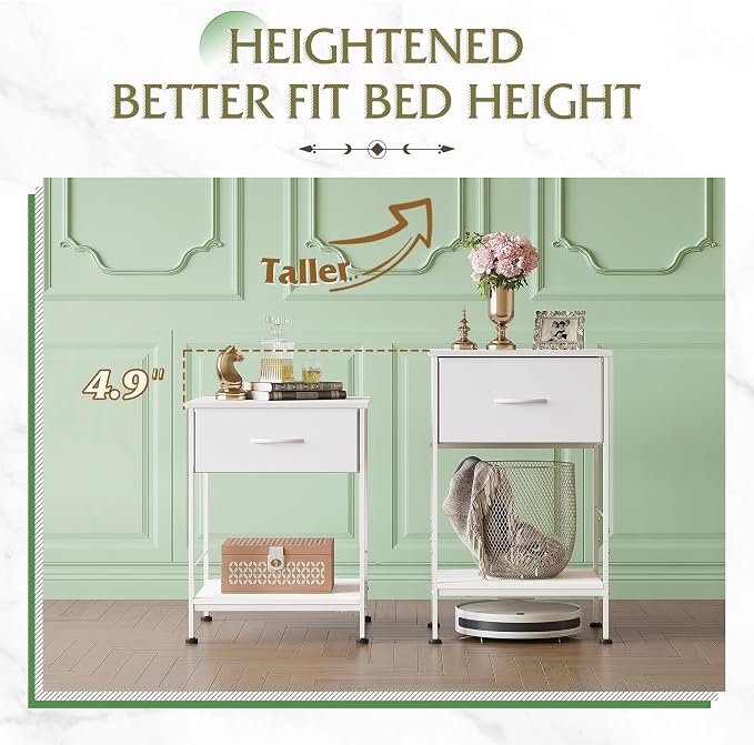 WLIVE Small White Nightstand with Drawer, Fabric Bedside Table, 25.03'' H | Night Stand with Wood Open Shelf, Small Bed Side Table for Bedroom, Dorm, Small Space, Easy Assembly