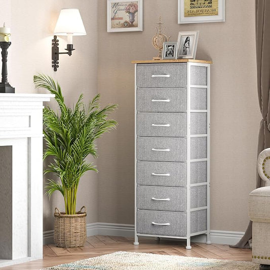 Fixwal Tall Dresser for Bedroom, Storage Dresser Organizer with 7 Fabric Drawers, Nightstand Furniture in Closet, Entryway, Hallway, Light Grey