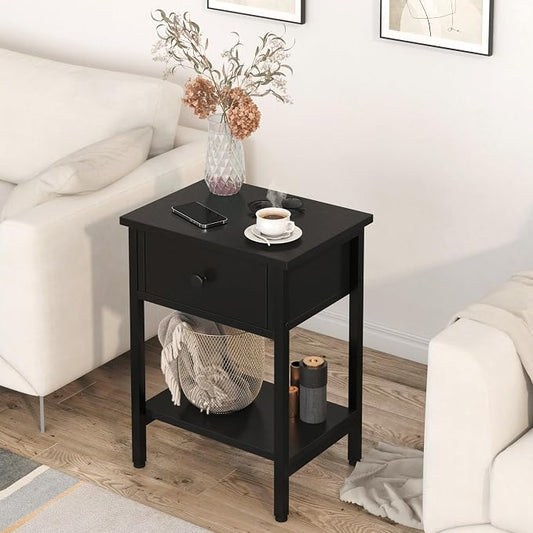 Nightstands Set of 2 with Drawers, Bedside Table Set of 2 with Storage Shelf, Heavy Duty End Side Table for Living Room Bedroom Small Space Sofa Couch, Wood Metal Night Stand, Easy to Assemble, Black