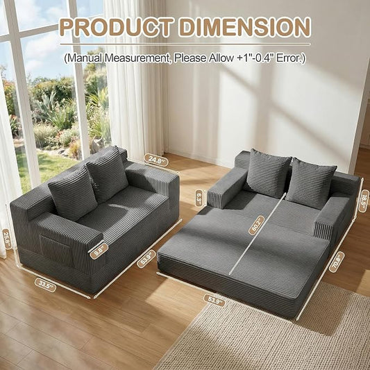 Boneless Loveseat Small Couch Bed, Futon Sleeper Sofa Bed,Convertible Pull Out Couch with 2 Pillows,Corduroy Folding Floor Couch for Living Room,No Assembly Required,Grey
