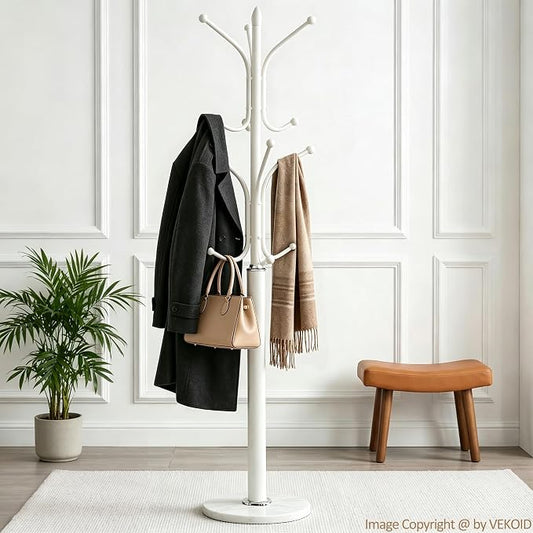 12 Hooks Metal Coat Rack Freestanding Coat Tree with Marble Base, Heavy Duty Coat Rack Stand for Clothes Hats Bags, Coat Hanger Stand for Corner Entryway Bedroom Office (White)