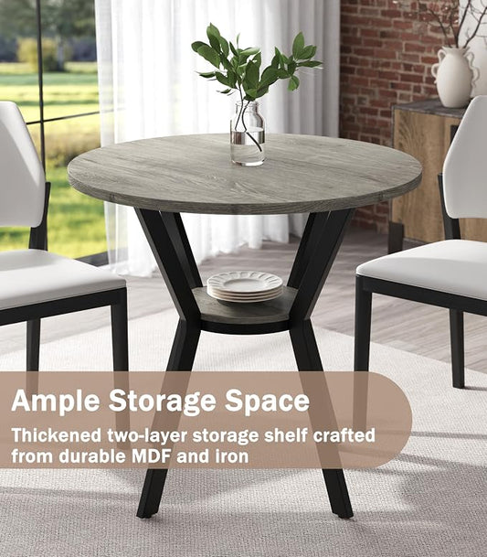 MECHYIN Round Dining Table for 2–4,31.5" Small Kitchen Table with Storage, Rustic Wood Table with Metal Legs, Space Saving Dining Table for Kitchen, Office, Dining Room, Apartment or Studio