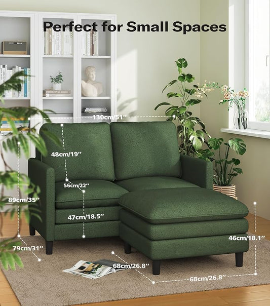 Welzona 3-Layers Cloud L Shaped Couch, 51" Loveseat Sofa Living Room, Bedroom - Tool-Free Assembly with Teddy Fabric Small L Shape Sofa - Green - Removable Washable Covers - 650lbs Capacity