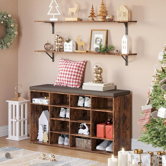 DINZI LVJ Long Wall Shelves, Set of 4, 55.1Inch Wall Mounted Shelves, Extra Large Floating Storage Ledges with Sturdy Metal Brackets for Living Room, Laundry, Garage, Closet, Rustic Brown