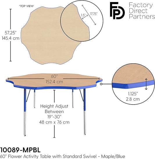 FDP Flower Activity School and Office Table (60 inch), Standard Legs with Swivel Glides for Collaborative Seating Environments, Adjustable Height 19-30 inches - Maple Top and Blue Edge