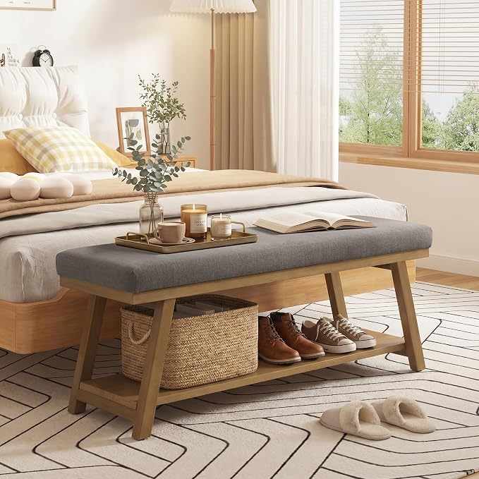 Zihanhome 45" Entryway Bench Upholstered Storage Bench for Bedroom Shoe Rack Bench for Living Room, Hallway, Mudroom, Balcony, Sturdy Indoor Bench Seat Holds Up to 300 lbs (Grey)