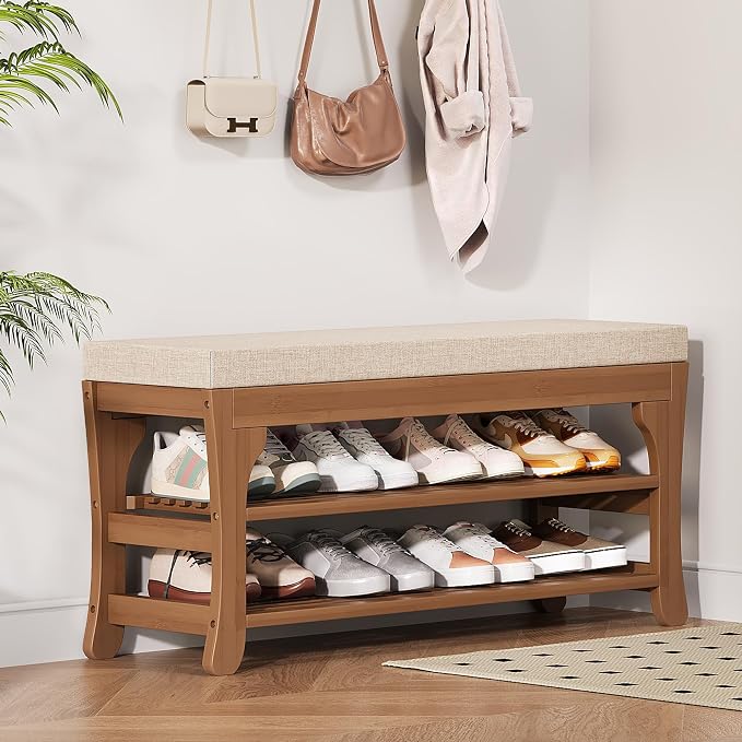 PETKABOO 39.4" Shoe Storage Bench with Cushion, Bamboo Shoe Rack Bench, 2-Tier Entryway Shoe Organizer, Supports up to 380 LB, for Hallway, Bedroom, Closet, Living Room
