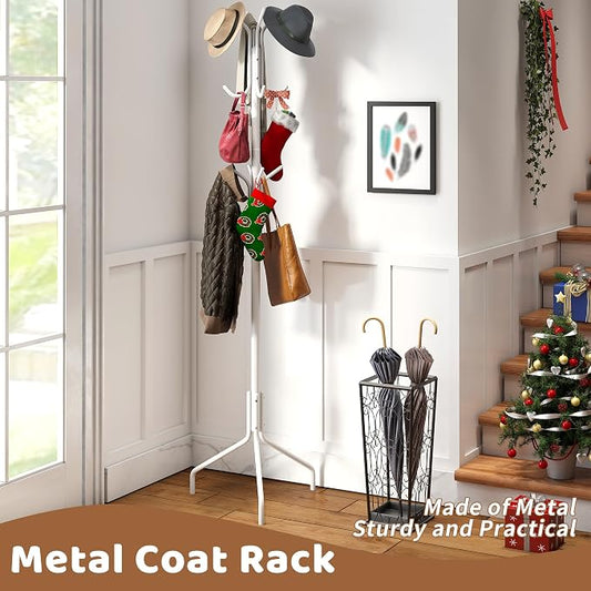 Coat Rack Freestanding Coat Tree Standing Hat Hanger Jacket Organizer Rack Metal,18.3" L x 18.3" W x 71.5" H,White