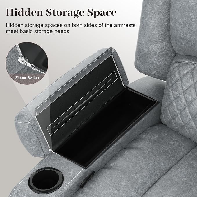 Yolsali Loveseat Recliner Sofa, Manual Reclining Loveseat with Removable Armrest, PU Leather Double Recliner for RV with 2-Tier Cushions, USB Charging Ports, Cup Holders - Gray PU