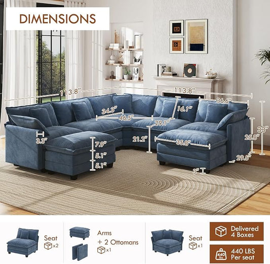 WorthFurni 114” Oversized Modular Sectional Sofa, 7-Seater V Shaped Cloud Couch Set, Comfy Chenille Deep Seat Couches with 2 Movable Ottomans, DIY Combination for Living Room (Blue)