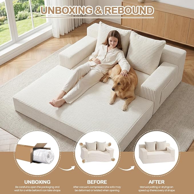 Boneless Loveseat Small Couch Bed, Futon Sleeper Sofa Bed,Convertible Pull Out Couch with 2 Pillows,Corduroy Folding Floor Couch for Living Room,No Assembly Required,Beige