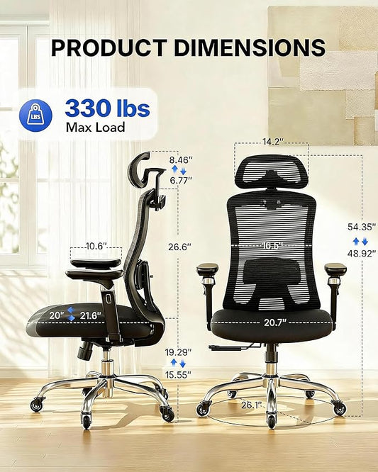 HUANUO FlowLift™ Ergonomic Office Chair with 6D Armrest, Seat Depth Adjustment, Lumbar Support, Quiet Rubber Caster, High Back Mesh Desk Chair with 3D Headrest, Big and Tall Chair for Home Office