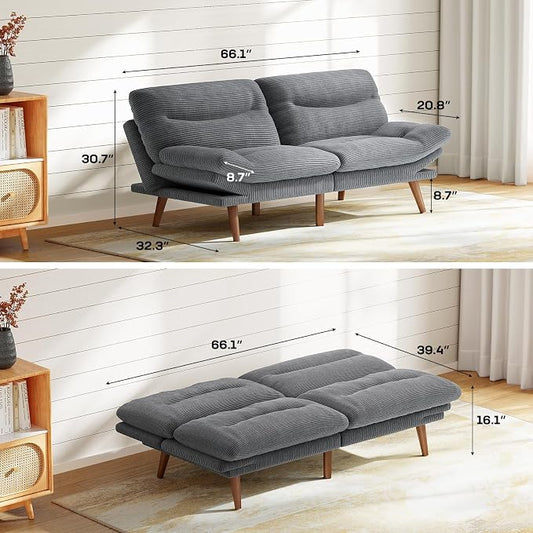 Marsail 66" Futon Sofa Bed, Convertible Corduroy Futon Couch with Adjustable Backrest & Armrests, Small Sleeper Sofa Loveseat for Living Room, Apartment, Office, Grey