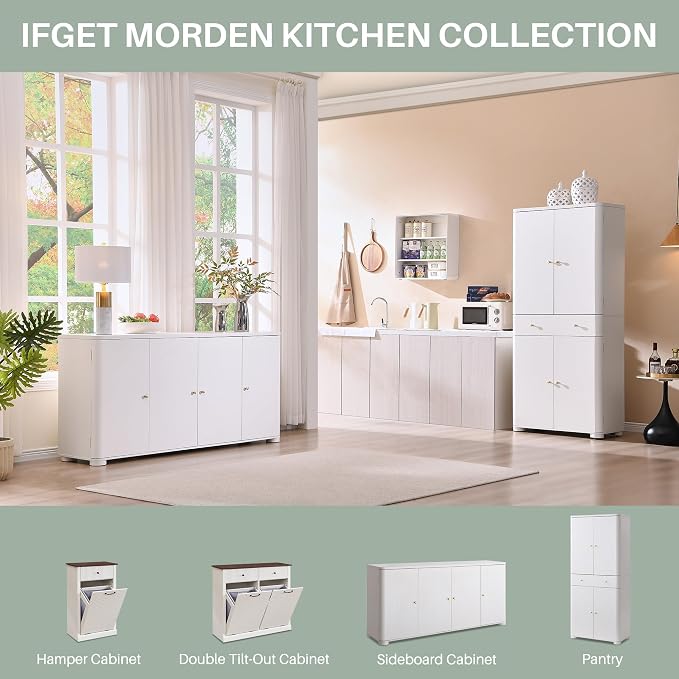 IFGET Curved Buffet Cabinet with Doors, 66" Large Sideboard Buffet Storage Cabinet with 4 Doors and Shleves, Modern Coffee Bar Station Wood Kitchen Table for Kitchen, Dining Room, White