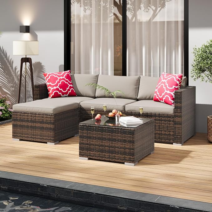 GAOMON 5-Piece All-Weather Patio Furniture Set, Convertible Outdoor Sectional Sofa with Ottoman & Tempered Glass Table, PE Rattan Conversation Set for Garden, Backyard, Porch, Poolside