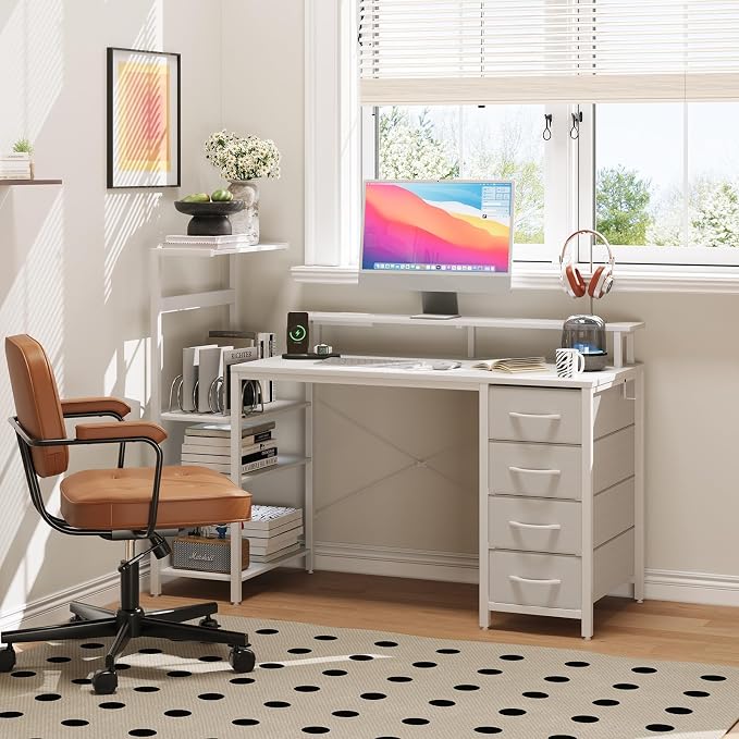 51 Inch Gaming Desk with Power Outlet and LED Lights, Computer Desk with 4 Drawers & Storage Shelves, Reversible Home Office Desk with Monitor Stand for Small Space Bedroom, Carbon Fiber White