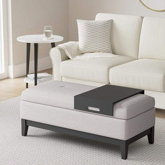 SIMPLIHOME Oregon Storage Ottoman Bench with Tray - 42 inch Wide Upholstered Linen Look Fabric Rectangle Storage Ottoman Bench in Cloud Grey, Transitional Tufted Ottoman for Living Room with Lift Top