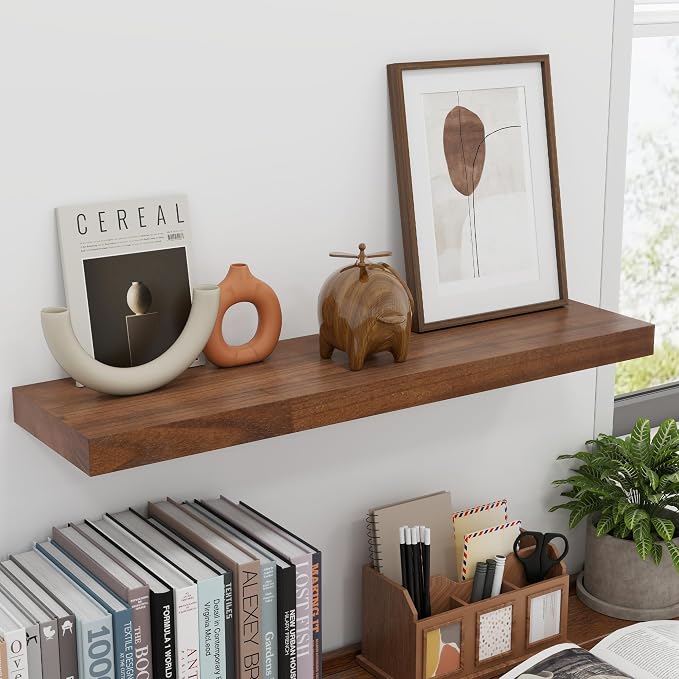 fuqing 30 Inch Floating Shelves for Wall Set of 2, Rustic Wood Wall Shelves for Living Room Bedroom Bathroom Home Office - Walnut