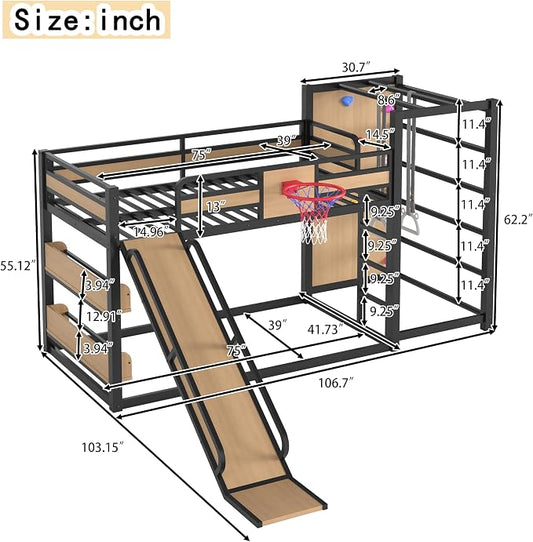 Bellemave Twin Size Bunk Bed with Basketball Hoop, Pull-up Rings and Climbing Wall, Twin Bunk Bed with Slide and Bookcase, Heavy Duty Bunk Beds with Guardrail, Natural