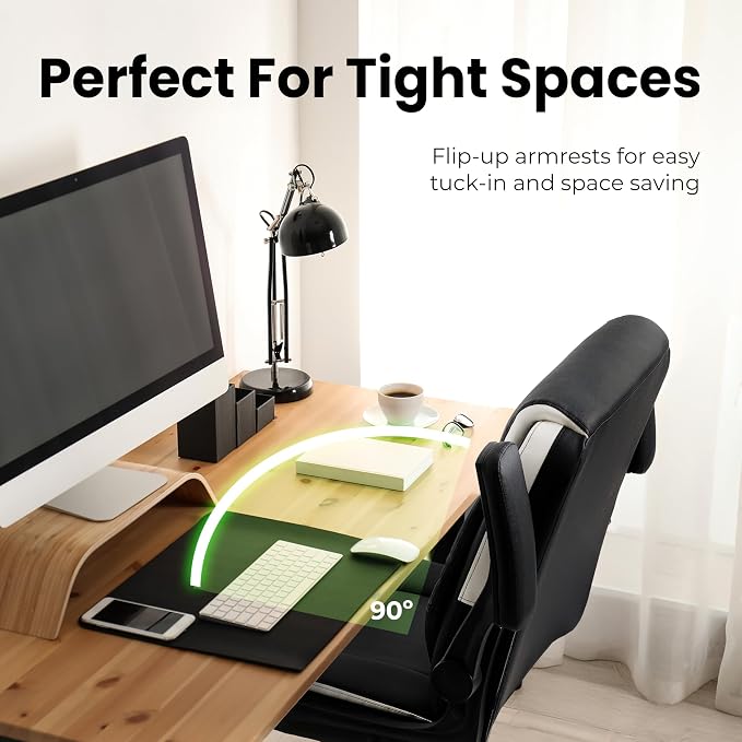 NEO Chair Mid-Back Home Office Executive Desk Chair Computer Gaming Ergonomic Chair with Adjustable Padded Flip-Up Armrests Wheels Swivel for Task Study (Leather Black)