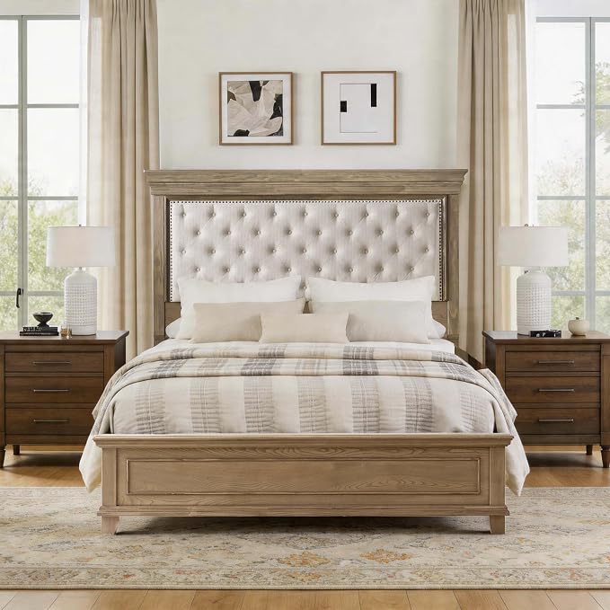 AMERLIFE King Size Solid Wood Bed Frame, Greige | Upholstered, Platform Bed