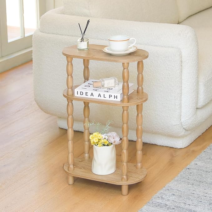 MaxSmeo Narrow Side Table, Small End Table with 3-Tier Open Shelf, Slim Bedside Table Nightstand for Small Spaces, Bedroom, Living Room (Rustic Walnut)