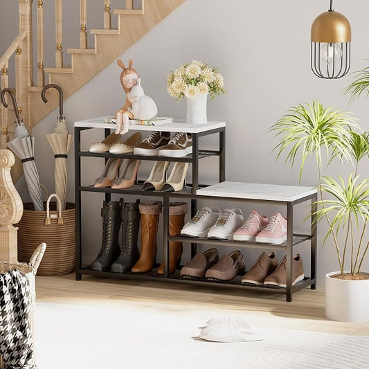 Shoe Rack Bench for Entryway,Free Standing Shoe Storage Organizer for Front Door Entrance,Boot Rack Holder Shelf for Closet with Seat,Sturdy Shoe Shelves for High Heels, Hallways,White Marble
