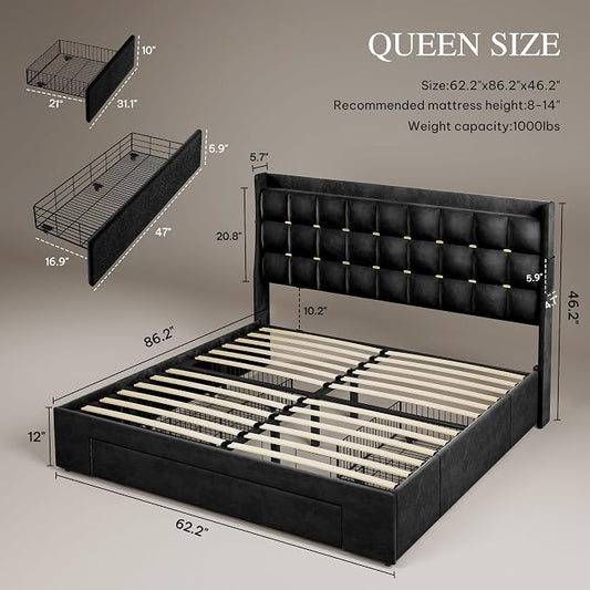 YITAHOME Queen Size Bed Frame with 3 Storage Drawers and RGB LED Lights, Velvet Upholstered Bed with Charging Station and Storage Headboard, No Box Spring Needed, Noise-Free, Cool Black