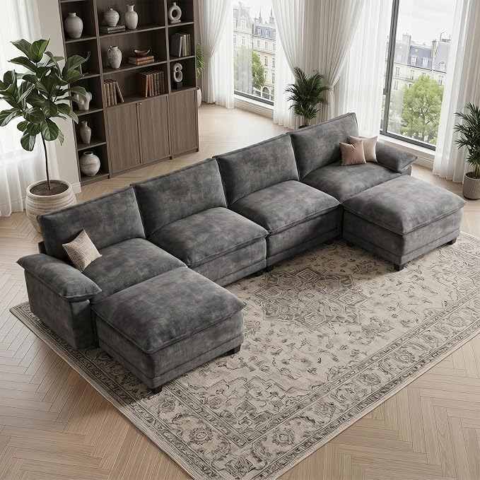 Modern U Shaped Sofa Couches for Living Room, Modular Sectional Cloud Couch with Movable Ottoman, Comfy Chenille Sofa for Apartment and Small Space, Dark Gray